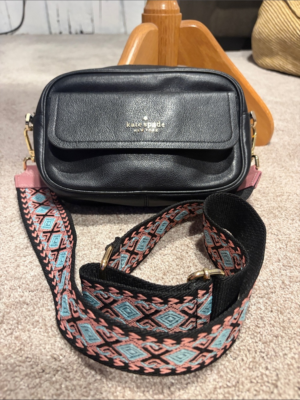 Kate Spade Black Pebbled Leather Camera Bag With Boho Woven Strap